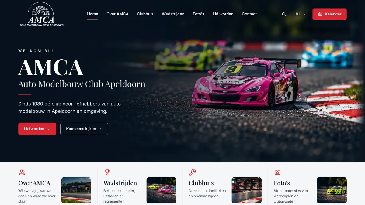 Na: Nieuwe website van een modelbouwvereniging, met racefoto en knoppen Lid worden en Kom eens kijken
