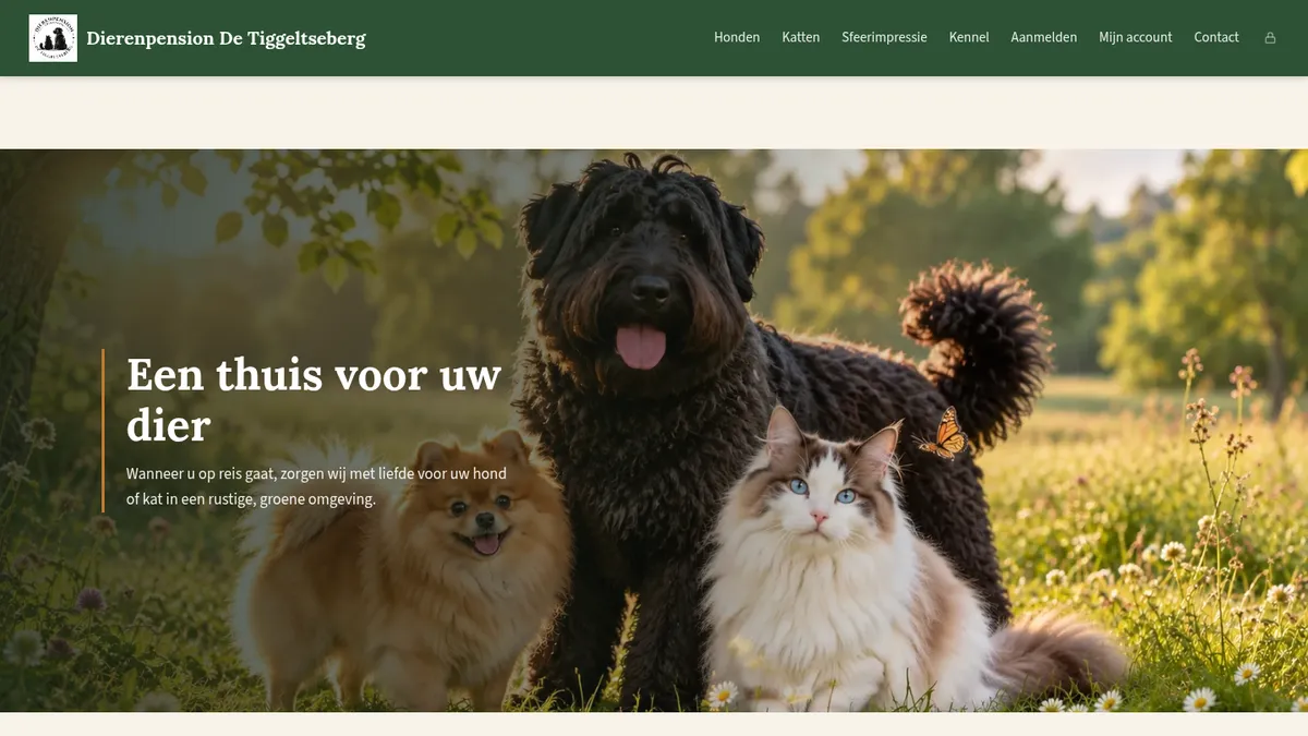 Na: Nieuwe website van een dierenpension, met foto van honden en een kat in het gras