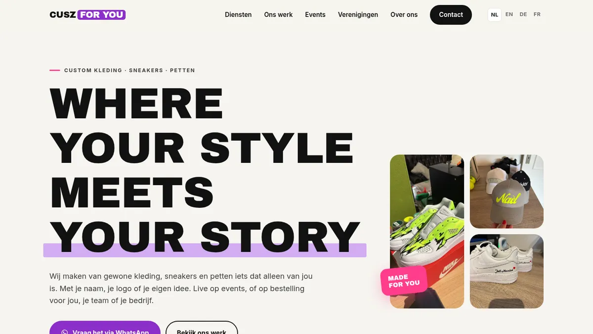 Na: Nieuwe website van een bedrijf in custom kleding, met grote kop en foto's van sneakers en petten