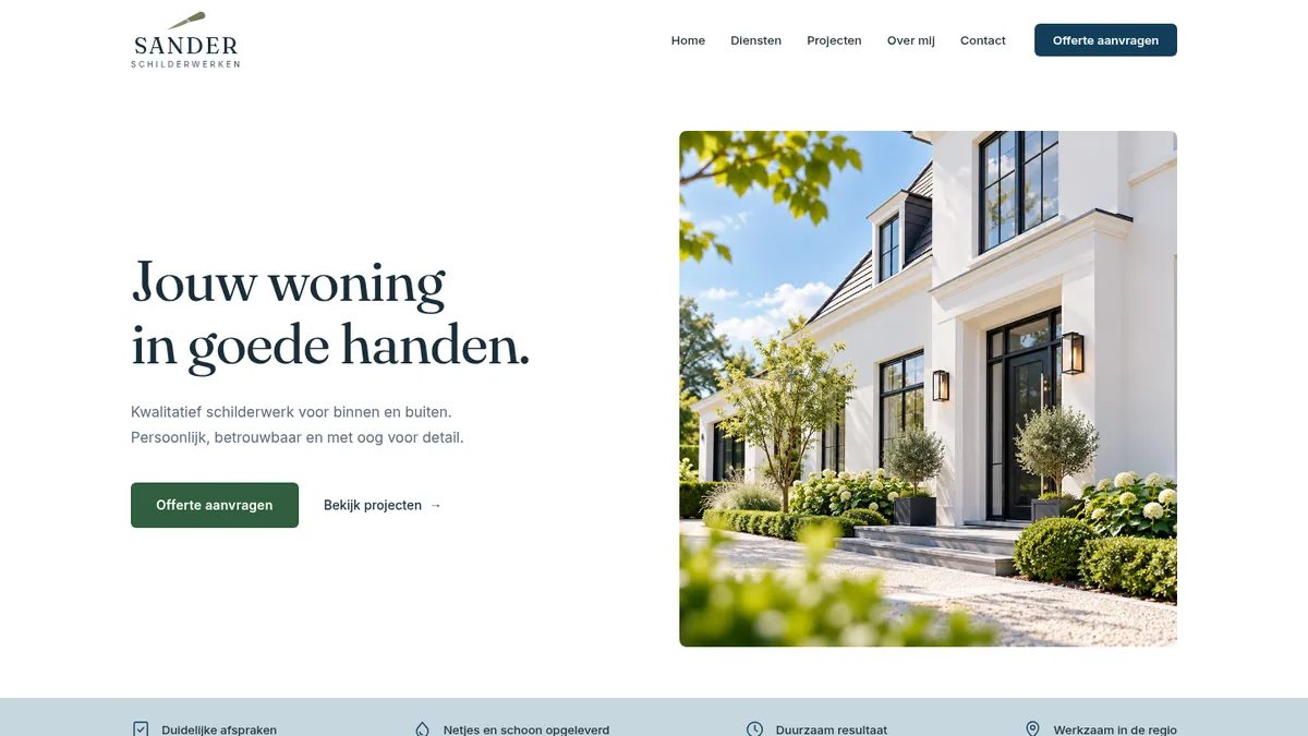 Na: Nieuwe website van een schildersbedrijf, met foto van een witte villa en de knop Offerte aanvragen