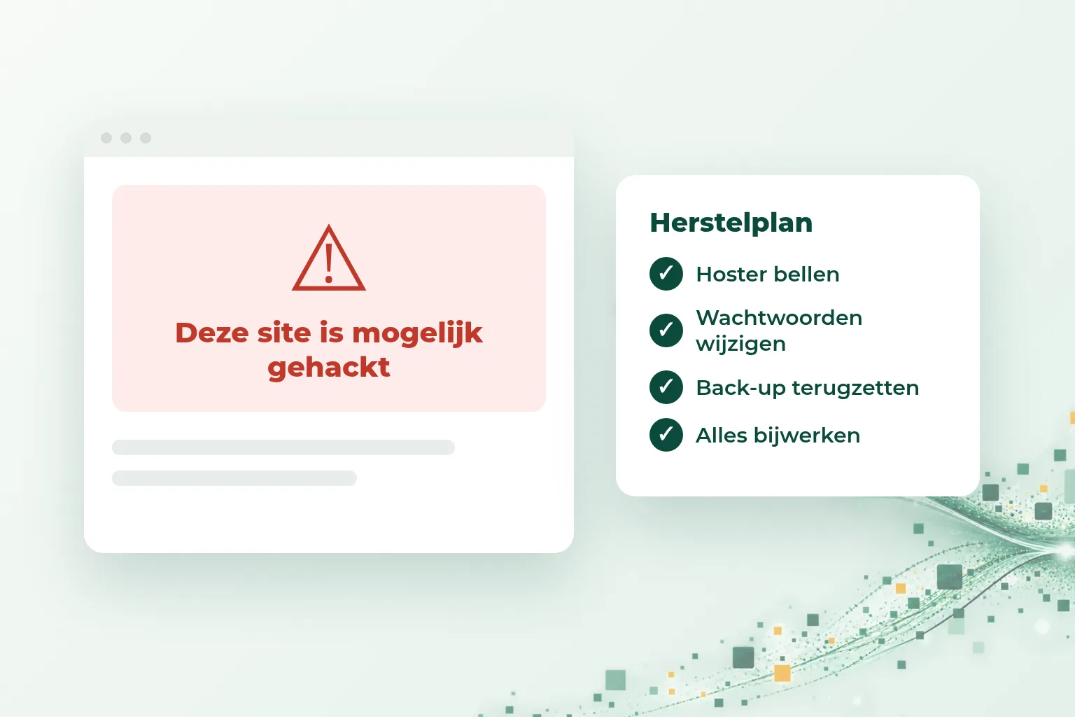 Een WordPress-website met waarschuwingsteken en een checklist om de hack te herstellen